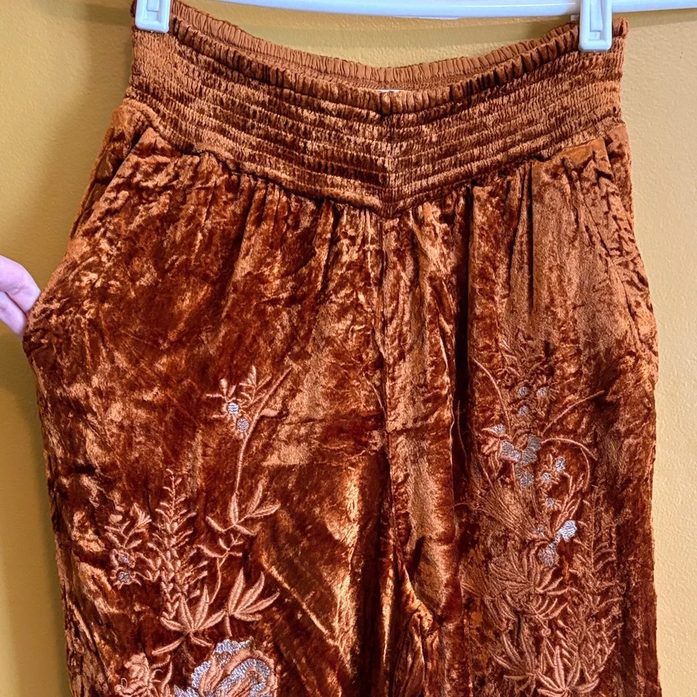 Anthropologie Rust Floral-Embroidered Velvet Joggers - Picture 4 of 6
